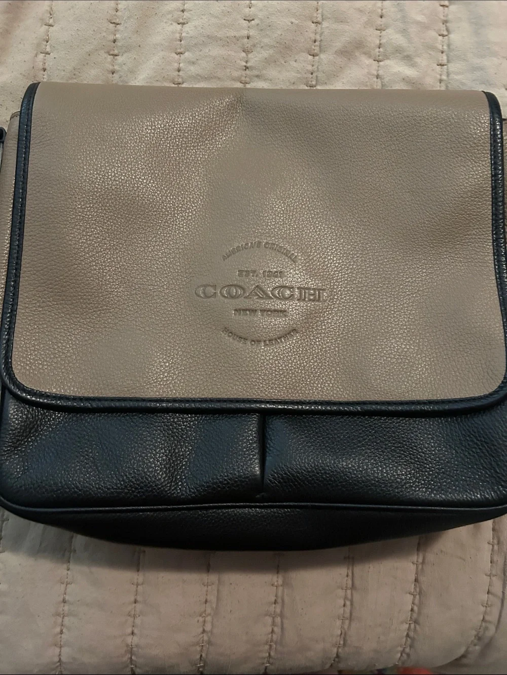 Coach Two-Tone Pebbled Leather Messenger Bag in Taupe and Black